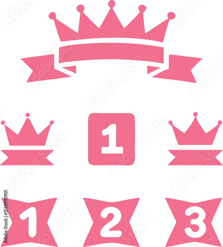 Pink Crown Award Icons Set First Second Third Place Winners Ribbons Badges Collection vector