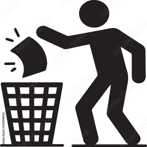 Silhouette icon illustrating a person disposing of paper waste into a trash can