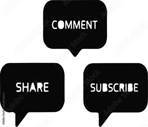 Simple black and white speech bubbles indicating comment share and subscribe elements of social interaction.