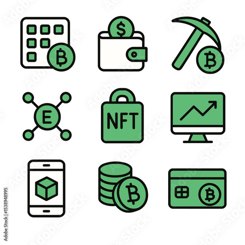 Crypto and blockchain icons. Calculator, wallet, pickaxe, network, NFT, monitor, phone, coins, card