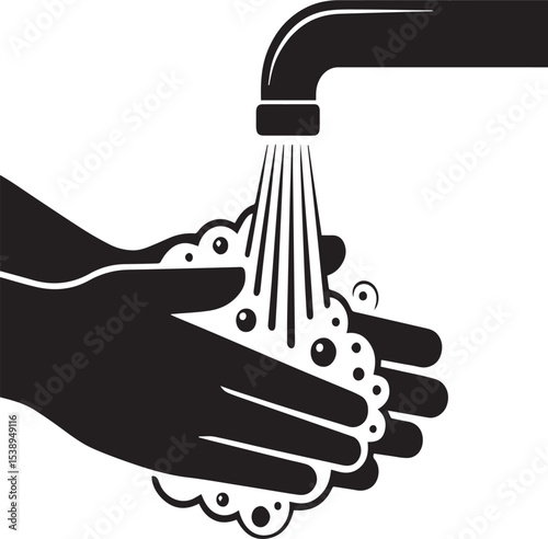 Washing hands with soap and water under faucet black and white illustration