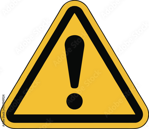 A standard yellow and black attention sign displaying an exclamation mark within a warning triangle for various potential hazards.
