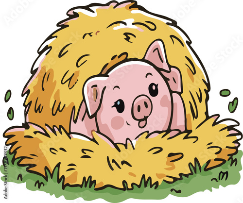 Adorable cartoon pig hiding in a cozy bed of hay enjoying a sunny day on the farm in a cheerful style.