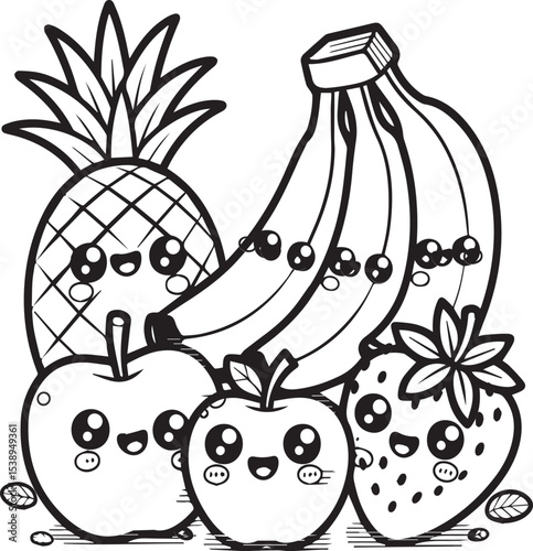 Adorable kawaii style fruit characters featuring a pineapple banana apple and strawberry perfectly designed for coloring pages.