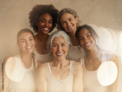  Belleza diversa, empoderamiento femenino y bienestar integral.Grupo diverso de mujeres sonrientes, distintas edades y etnias, en ropa deportiva.