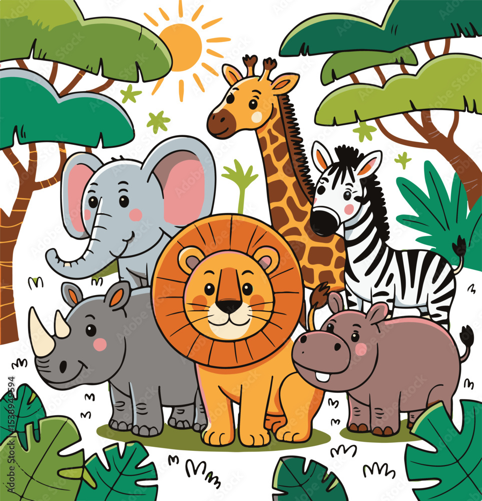 Naklejka premium Cheerful cartoon illustration featuring a diverse group of adorable safari animals set against a sunny jungle backdrop.