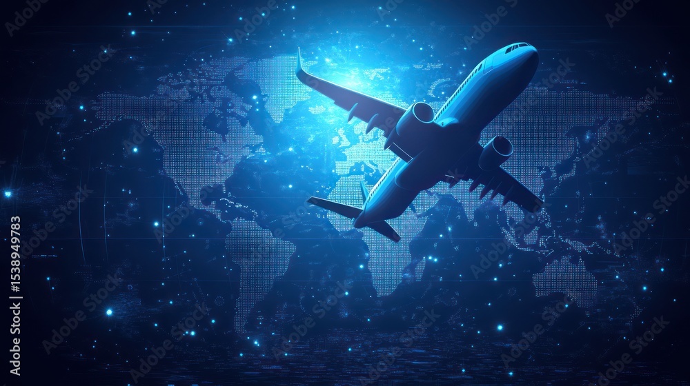 Obraz premium Airplane soaring over a digital world map