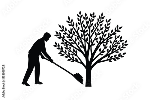 Silhouette of man planting a tree with shovel