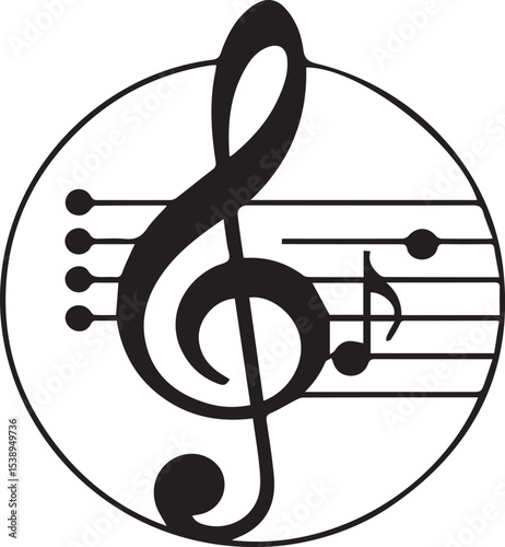 Elegant black and white musical treble clef and quarter note within a circle for music themes and projects