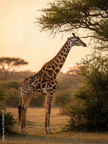 Giraffe Browsing Acacia Trees in the African Savanna During Golden Hour A Stunning Wildlife Photograph with Warm Lighting