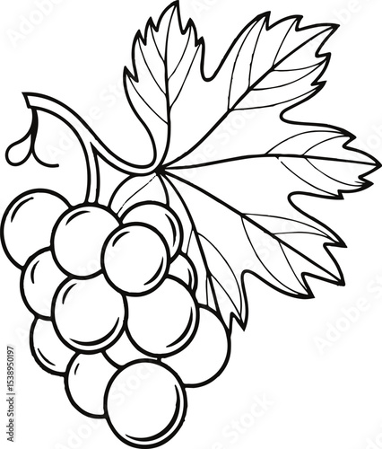A simple black and white outline illustration featuring a bunch of grapes with attached leaves perfect for coloring pages.