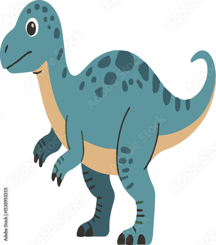 Adorable cartoon dinosaur illustration of a friendly blue dinosaur with tan belly and spotted pattern isolated on white