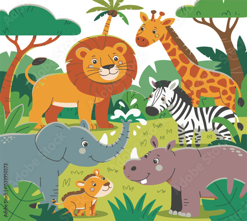 Adorable illustrated collection showcasing friendly lion giraffe zebra elephant rhino and a cute cub in a colorful african savanna landscape.