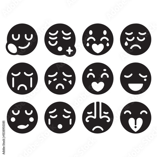 Minimalist Emotion Faces Icon Set - Black & White Emoji Silhouettes