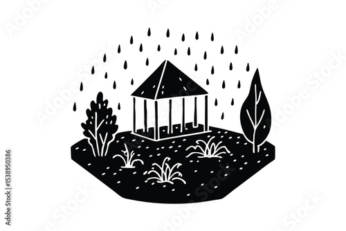Rainy day garden scene in black and white