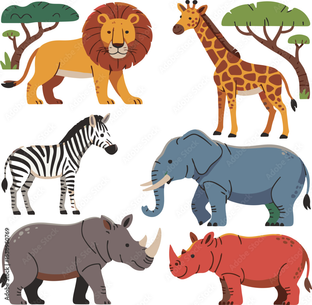 Obraz premium Colorful illustrated set of african animals including a lion giraffe zebra elephant and two rhinos standing proudly