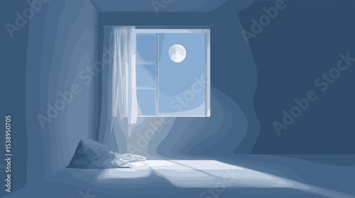 Blue moonlight filling empty room with bed and open window healthy lifestyle