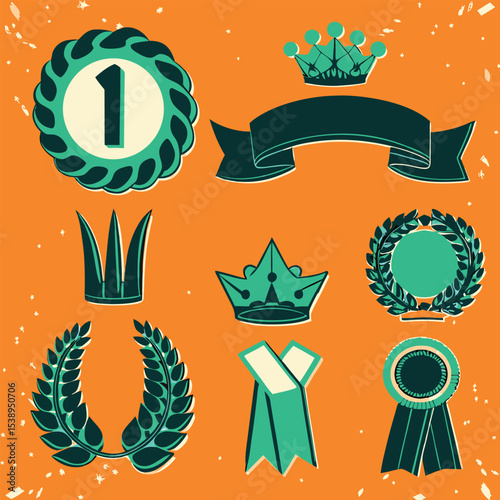 Teal and Orange Vector Graphics Set Award Crowns Laurels Ribbons Number One First Place Winner Achievement Success Celebration