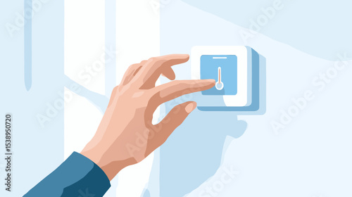 Hand adjusting blue thermostat on white wall for climate control healthy lifestyle
