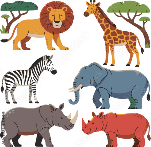 Colorful illustrated set of african animals including a lion giraffe zebra elephant and two rhinos standing proudly
