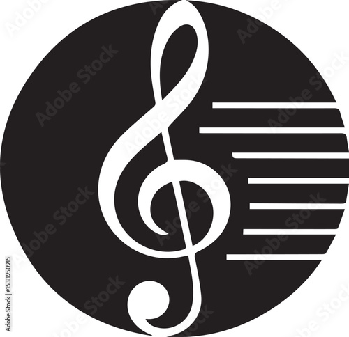 White treble clef and staff inside a black circle artistic design element for music and musical notation