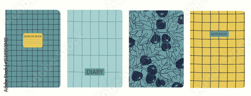 Set of cover page templates with fig tree branches and fruit. Based on seamless patterns. Headers isolated and replaceable. Perfect for school notebooks, notepads, diaries, etc