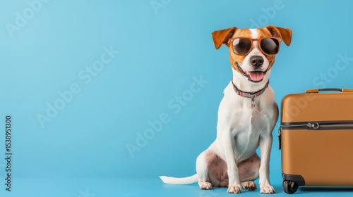 Cheerful dog wearing stylish sunglasses, looking excited and prepared for a fun vacation or travel adventure