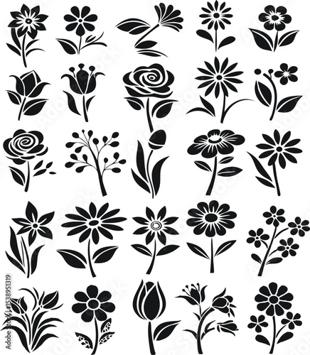 Floral Silhouettes: A curated collection of diverse flower silhouettes, perfect for enhancing graphic designs, branding, and artistic projects.