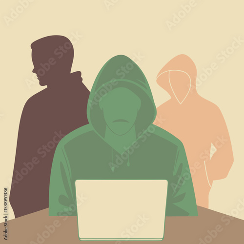 Group of hackers working on computer cybersecurity vector