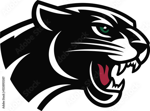 Illustration of a black panther head with green eye on a white background