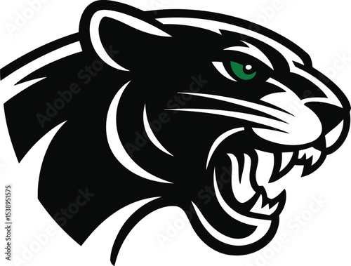 Illustration of a black panther head with green eyes on white background