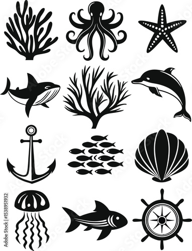 Ocean Life Icons: Set of elegant, illustrated icons capturing a diversity of marine creatures and elements, suitable for creative designs and concepts. 