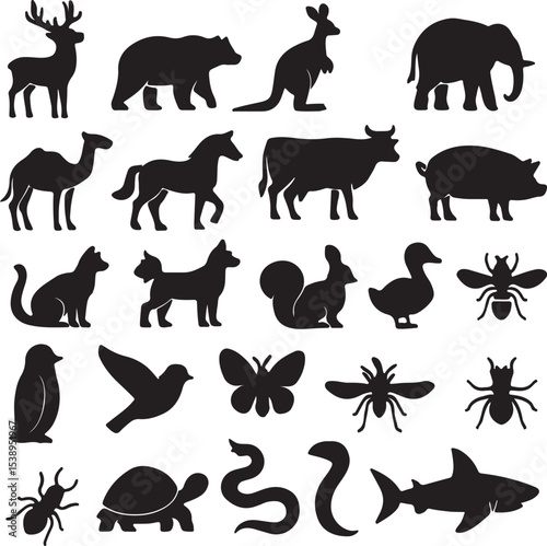 A versatile vector set showcasing various animal silhouettes including wild lions, bears, and deer, alongside domestic horses, dogs, and farm animals like cows, goats, and pigs