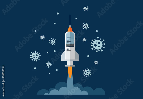 Rocket-Shaped Syringe Launching into Space, Fighting Viruses