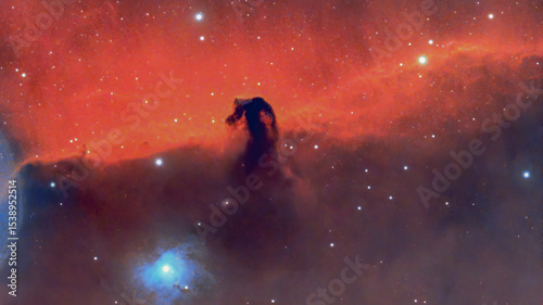 Iconic Horsehead Nebula (Barnard 33) silhouetted against glowing red IC 434; dark dust pillar contrasts vivid hydrogen glow amid a sparkling Orion starfield.