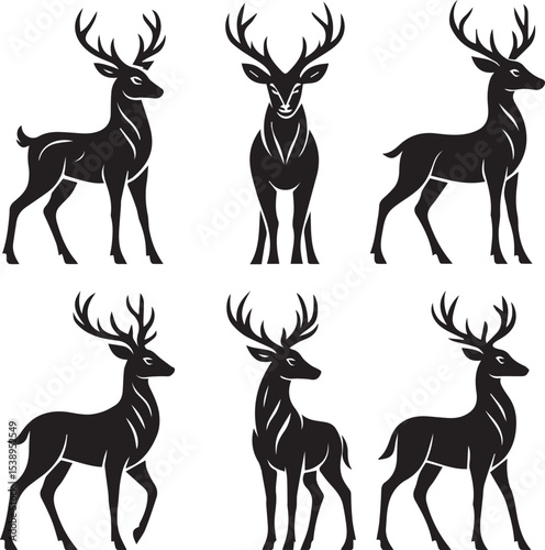 A diverse vector set of wild deer and reindeer silhouettes, perfect for Christmas or nature-themed designs, featuring stags, does, and fawns with impressive antlers