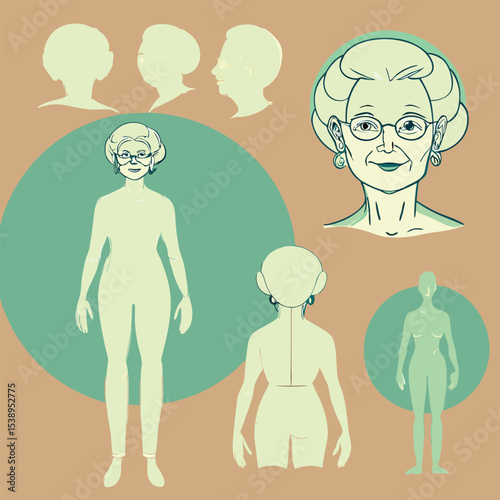 Illustration of a senior woman in various poses in a flat style
