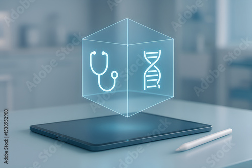 Futuristic healthcare concept representing modern medicine technology using a tablet with a holographic dna helix and stethoscope symbol