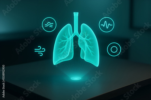 Futuristic representation of lungs with medical icons and digital interface depicting respiratory system healthcare and technological advancement