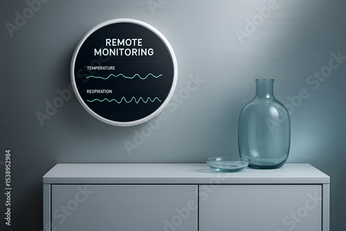 Remote monitoring display illustrating temperature and respiration data visualization on a modern smart device with minimalist interior decor
