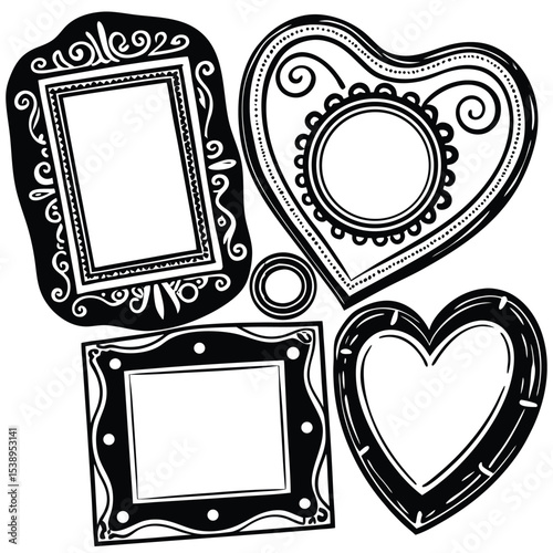 Black and White Ornate Frames Set Rectangular Heart Shaped Picture Frames Decorative Borders Vintage Style Design Elements