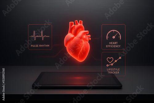 Digital heart health concept illustrating pulse rhythm heart efficiency and lifestyle tracking with modern tablet technology