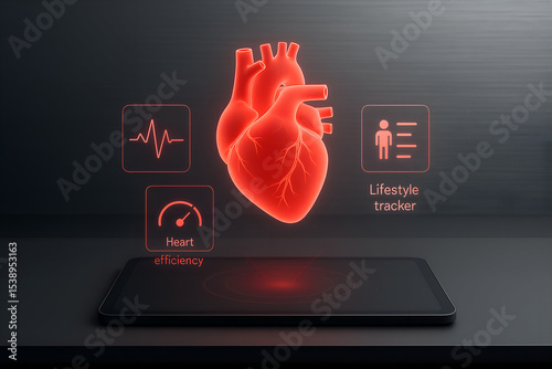 Digital heart health monitoring conceptual image depicting medical technology and lifestyle tracking