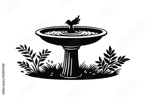 Bird Bath in Garden Silhouette