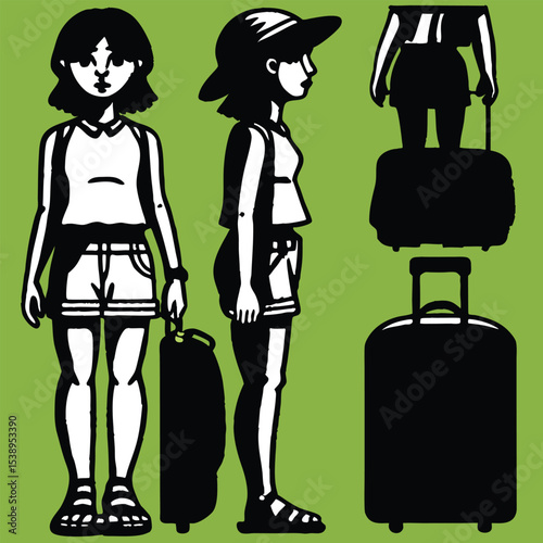 Illustration of a traveler with luggage in three different views
