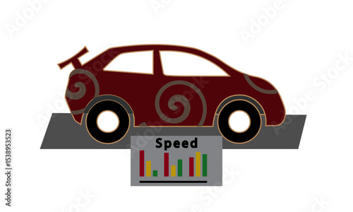 Maroon Sporty Car with Speed Performance Display
An illustration of a maroon, stylized compact car with a unique swirl pattern and a rear spoiler, positioned above a gray block labeled "Speed" feature
