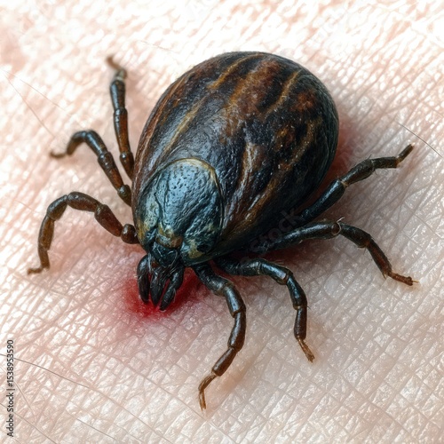 A close-up view of a tick latched onto human skin shows the insect feeding, with a small drop of blood visible