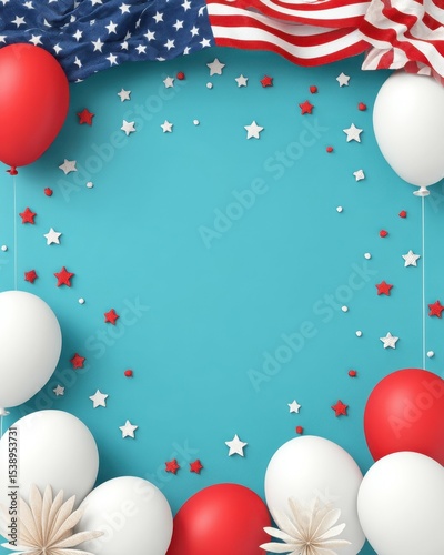 Happy 4th of July Celebration Background. Festive Background for 4th of July Celebration with Red and White Balloons and Stars on Blue Surface
