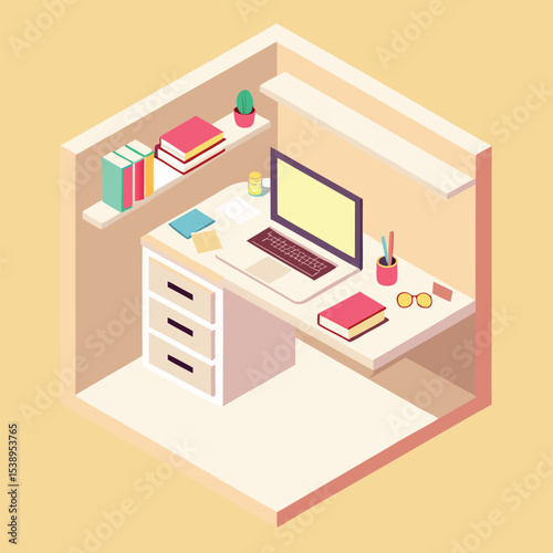 Isometric home office desk with computer and books illustration