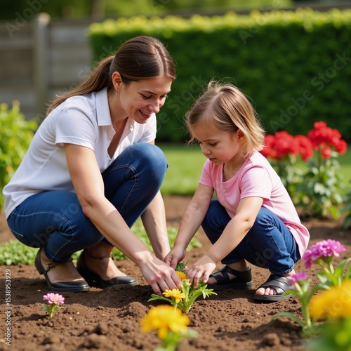 Mother-daughter duo tend to their garden by planting flowers AI art